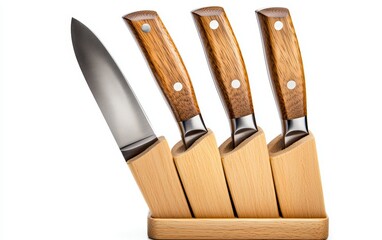 Elegant set of five stainless steel knives with wooden handles in a matching wooden block, isolated on a white background, perfect for a modern kitchen
