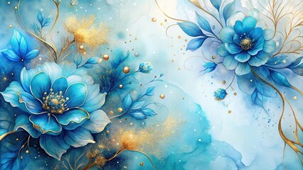 Extreme close-up elegant blue flowers alcohol ink background with gold glitter elements