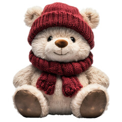 A cute plush teddy bear wearing a knitted red hat and scarf, exuding warmth and comfort, perfect for children's companionship or as a cozy decorative piece
