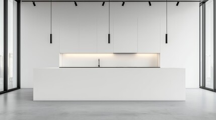 Elegant white kitchen with a spacious island and minimalist design, featuring black hardware and modern pendant lights, perfect for luxury home visuals