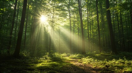 The sun peeks through dense forest trees, creating a beautifully illuminated path in an early day setting. This scene embodies the essence of tranquility and exploration.