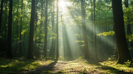 Obraz premium Sunlight streams through a dense forest, casting serene beams that emphasize the tranquility and untouched beauty of the natural world within this lush woodland.
