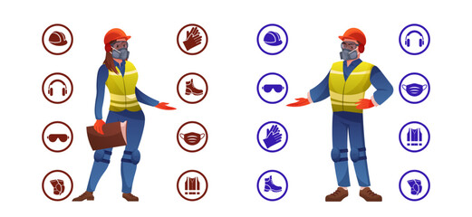 Protection equipment. Person safety. PPE construction work wear. Worker security. Protective gloves and hardhat helmet. Harness industry. Professional workman uniform. Vector cartoon set