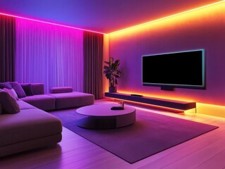 cozy home cinema scene featuring a modern living room illuminated by colorful led lights, creating a warm and inviting atmosphere for a smart home experience