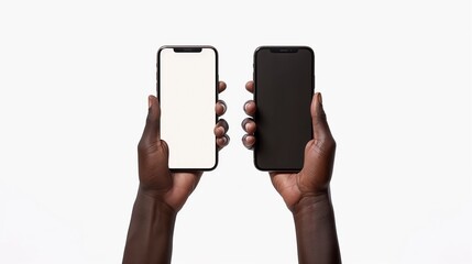 A smartphone held close up with a blank screen, isolated on a white background, ready for mobile app mockups or advertising. Perfect for digital marketing, tech products, and communication visuals.
