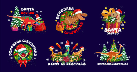 Christmas dinosaur greetings. Cartoon vector festive dino animals wearing santa hats and surrounded by presents, petards, trees and snowflakes with playful, traditional holiday merry xmas quotes