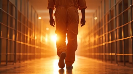 An inmate in an orange jumpsuit walks down a dimly lit prison corridor, engulfed in a golden glow that symbolizes hope, freedom, and the journey towards redemption.