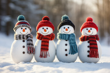 generated illustration of row of cute snowmen in winter