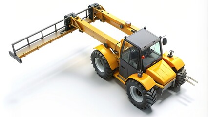 Telescopic handler on a white background seen from above, machinery, vehicle,telescopic handler, heavy-duty, lifting, utility equipment, yellow, isolated, white background