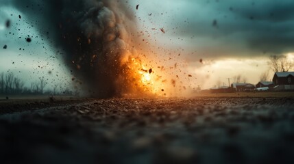 A dramatic tornado sweeps across a rural landscape during sunset, capturing the raw power and intensity of nature's forces against a backdrop of vivid colors.