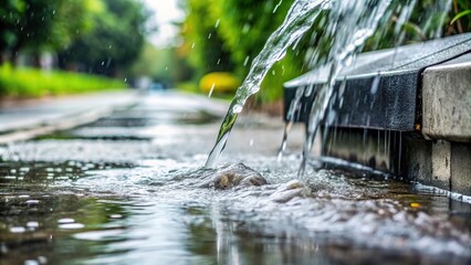 Fototapeta premium A closeup of water pouring from a downspout onto a concrete splash block and overflowing onto a sidewalk path during a heavy rainstorm, rainstorm, concrete,downspout, heavy rain, house