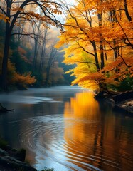 Obraz premium A river with a river and trees with the sun shining on the water