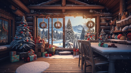 generated illustration of cozy rustic winter cabin interior