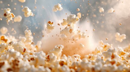 A dramatic and vibrant popcorn explosion caught with dynamic flying kernels, offering a feast for...