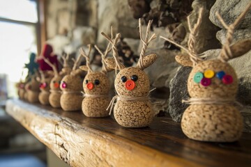 Obraz premium Adorable handmade reindeer crafts made with corks are standing on a shelf