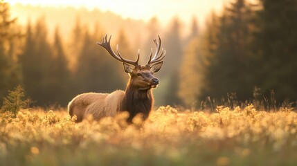 An elk stands gracefully in a golden sunlit meadow surrounded by lush forests, exemplifying the vibrant beauty and tranquility of wildlife amidst nature.