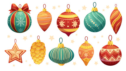 Set of painted Christmas tree toys on white background. Festive glass balls with pattern. Vector isolated elements