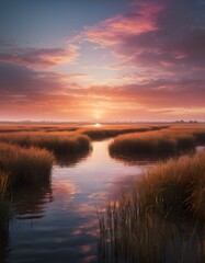 A sunset over a marsh with reeds and water and trees