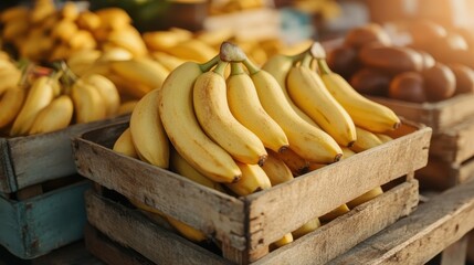 Several crates of bananas are bathed in warm sunlight, creating a vibrant and inviting scene at a lively market, highlighting freshness and natural appeal.