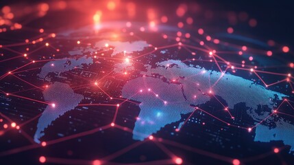 Futuristic network design with glowing connections and nodes surrounding a 3D world map, showcasing global technology