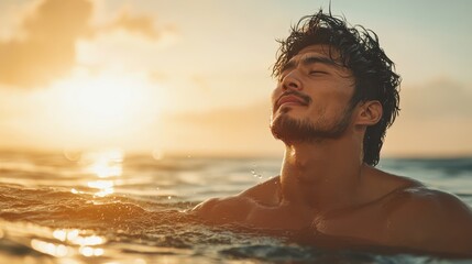 A man immersed in the ocean, bathes in the golden sunlight of sunset, his face reflecting serenity and peace, embodying a tranquil and free-spirited essence.