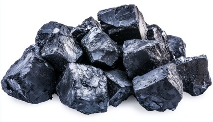 Obraz premium Pile of black coal chunks isolated on a white background, showcasing raw energy resources with rough texture