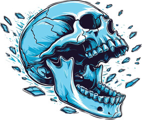 Exploding Blue Cracked Skull Vector with Open Mouth &ndash; Dynamic and Detailed Design