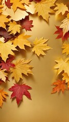 A mixture of golden and red autumn leaves against a gold-toned background, symbolizing the beauty of fall. 金色と赤色の秋の葉が背景に映え、秋の美しさを象徴しています。