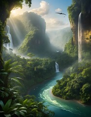 A waterfall with a waterfall in the background and a waterfall in the background