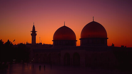 Fototapeta premium Al-Aqsa Mosque in Jerusalem at dusk, its gilded dome shimmers in the soft light of the setting sun, Ai generated images