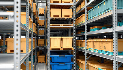 plastic boxes in the cells of the automated warehouse. Metal construction warehouse shelving isolated with white highlights, png