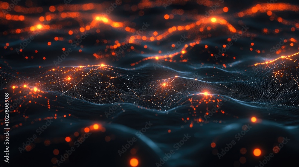 Poster futuristic network of interconnected glowing nodes and lines in a dark abstract space
