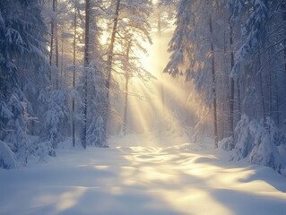 Fototapeta premium enchanting winter forest scene with ethereal light filtering through snow-covered trees, creating a mystical and serene atmosphere