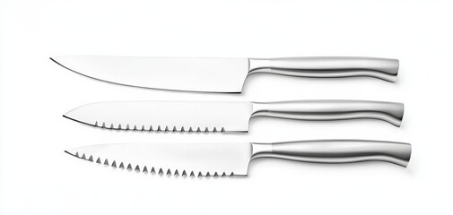 Polished stainless steel knife set with clean, sharp blades and a modern aesthetic, isolated on white, perfect for a contemporary kitchen