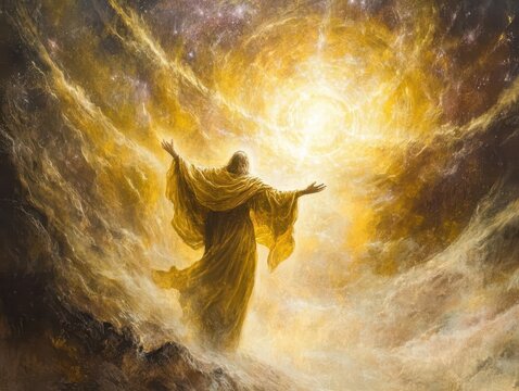ethereal representation of enoch ascending to heaven, surrounded by radiant cosmic energies and swirling light, evoking a sense of divine elevation and spiritual transcendence