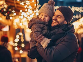 father and child joyfully exploring a traditional christmas market, beautifully decorated with twinkling lights, capturing the warmth and joy of the holiday season