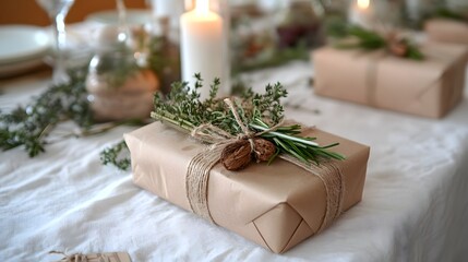 A photo of an elegant, wrapped gift with natural twine and dried thyme tied around it, sitting on top of a vintage-style tablecloth