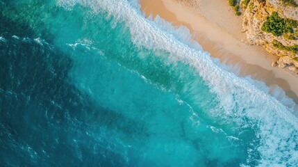 High-altitude view of turquoise sea with sparkling waves and a golden beach, captured on a sunny day