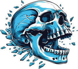 Exploding Blue Cracked Skull Vector with Open Mouth &ndash; Dynamic and Detailed Design