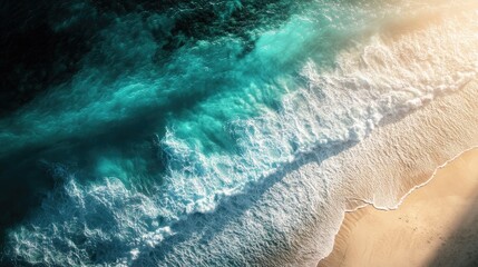 High-altitude view of turquoise water and a beautiful beach, with sunlight reflecting off the waves