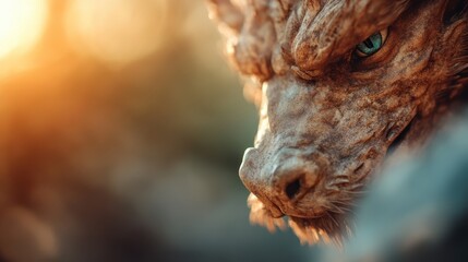 Obraz premium The fierce and majestic head of a mythical dragon with piercing eyes against a hazy sky, evoking themes of power, mystery, and ancient sagas.
