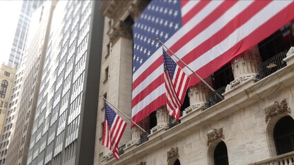 New York City, United States. Lower Manhattan Downtown Financial District urban architecture. Huge big American flag. Wall street Stock Exchange building, USA Stock Market trading.
