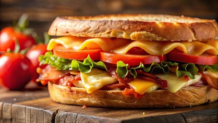 Extreme close-up of a hot sandwich with cheese, bacon, and tomatoes