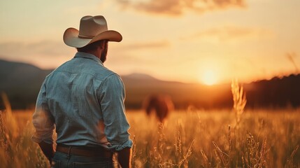 A lone cowboy in a plaid shirt and hat gazes into a vast field with a distant horse, reflecting a blend of solitude and the peacefulness of countryside life.