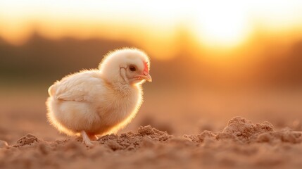A fluffy chick stands on sandy ground during a breathtaking sunset, creating a heartwarming and peaceful scene that illustrates innocence and natural beauty.