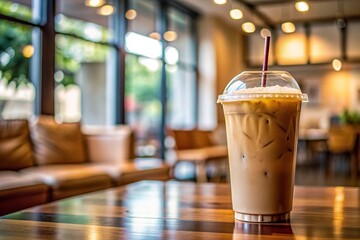 caffeine fix, drink,iced coffee, chilled, refreshment, to-go cup, urban, low angle, interior, Iced coffee in a plastic cup on a table in a coffee shop captured from a low angle perspective