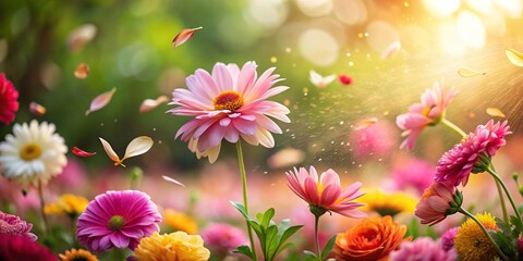 Extreme close-up garden scene with flowers emitting fresh scents, petals falling gently depicting natural cycles