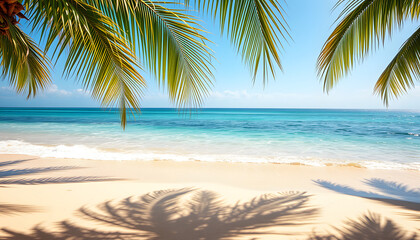 Obraz premium The beach is sunny with clear water, golden sand, and palm leaves, creating a tropical environment isolated with white highlights, png