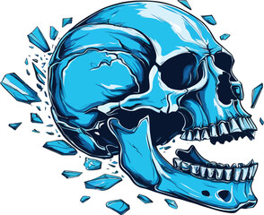 Exploding Blue Cracked Skull Vector with Open Mouth &ndash; Dynamic and Detailed Design