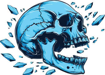 Exploding Blue Cracked Skull Vector with Open Mouth &ndash; Dynamic and Detailed Design